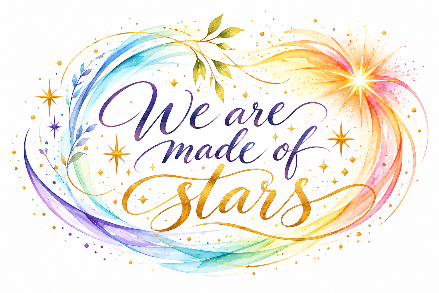 We are made of stars, in watercolour calligraphy with golden stars and a rainbow swirl
