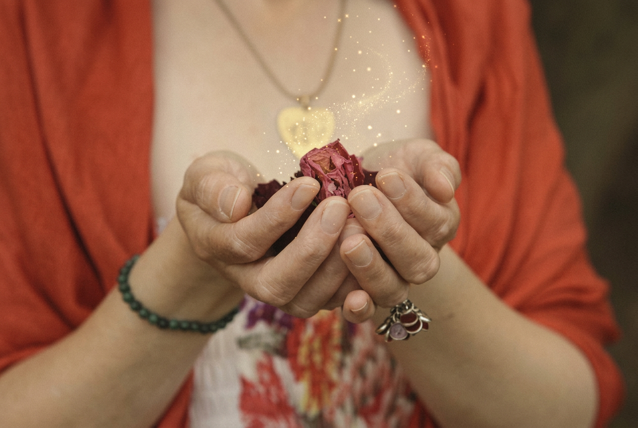 Cupped hands holding a pink rose with golden stardust rising from it