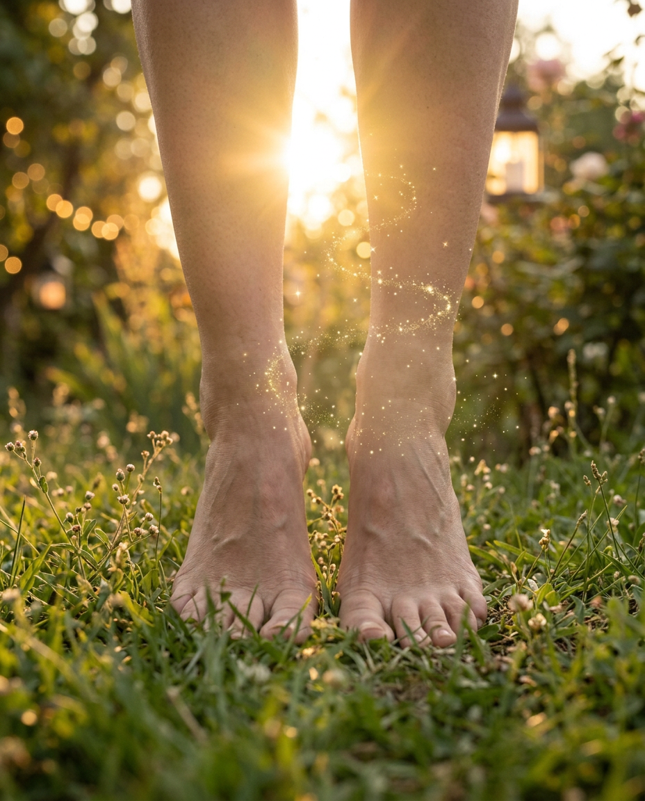 Bare feet on soft grass at golden dusk with stardust rising